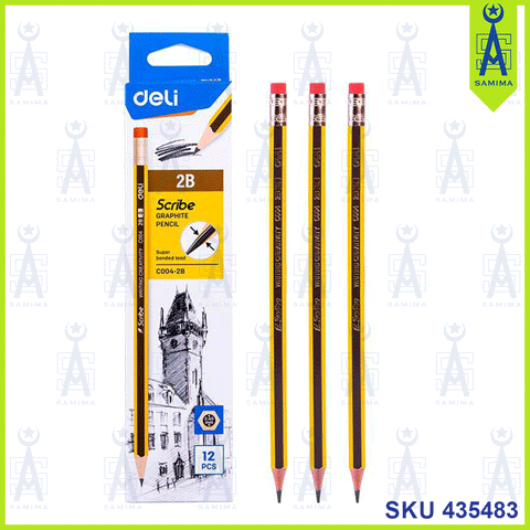 DELI C004-2B GRAPHITE PENCIL W / ERASER 2B 12'S