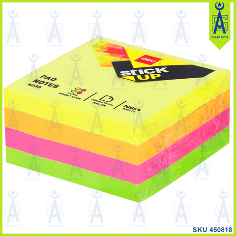 DELI  A03003 STICK UP NEON PAD NOTES CUBE 3" X 3'' 4*100 sheets