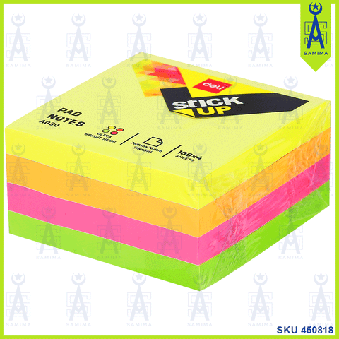 DELI A03003 STICK UP NEON PAD NOTES CUBE 3" X 3'' 4*100 sheets