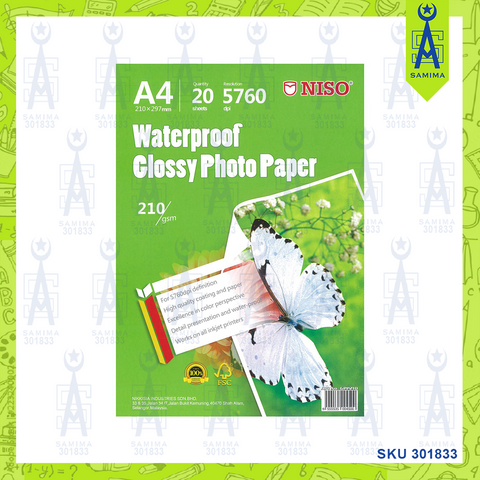 NISO WATERPROOF GLOSSY PHOTO PAPER 210GSM 20'S