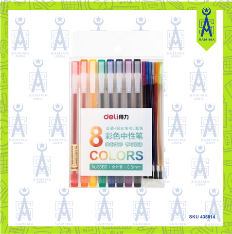 DELI 33160 COLORS GEL PEN + REFILL 0.5MM 8'S / PAC