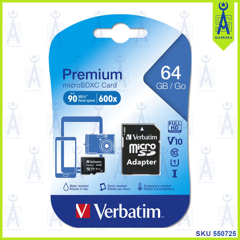 VERBATIM PREMIUM MICRO SD CARD 64GB W/ADAPTOR 44084