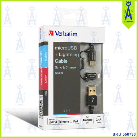 VERBATIM Sync & Charge 2 in 1 Micro USB and Lightning Cable 120CM black 65362