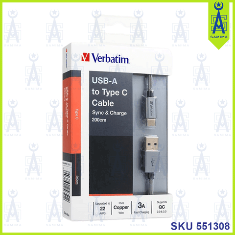 VERBATIM USB-A TO C CHARGER CABLE 200CM 65651