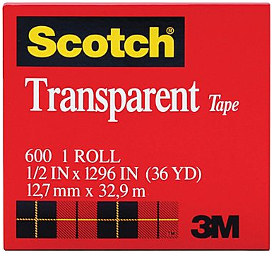 3M Scotch Transparent Tape 600, 1/2" x 36 yds, 1" Core